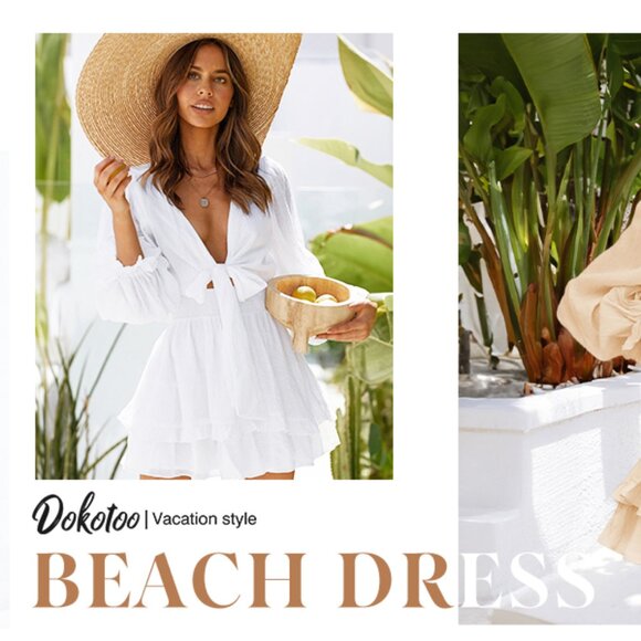 Lantern Sleeve Tie Waist Mini Dress | Deep V Neck Fall Wedding Guest Outfit - Picture 7 of 7